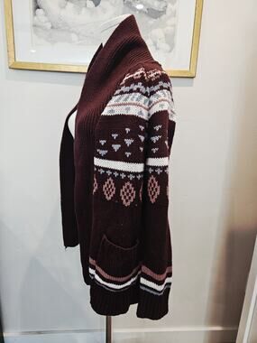 Pink Republic Fair Isle Open Front Shawl Collar Cardigan Sweater Burgundy Small
